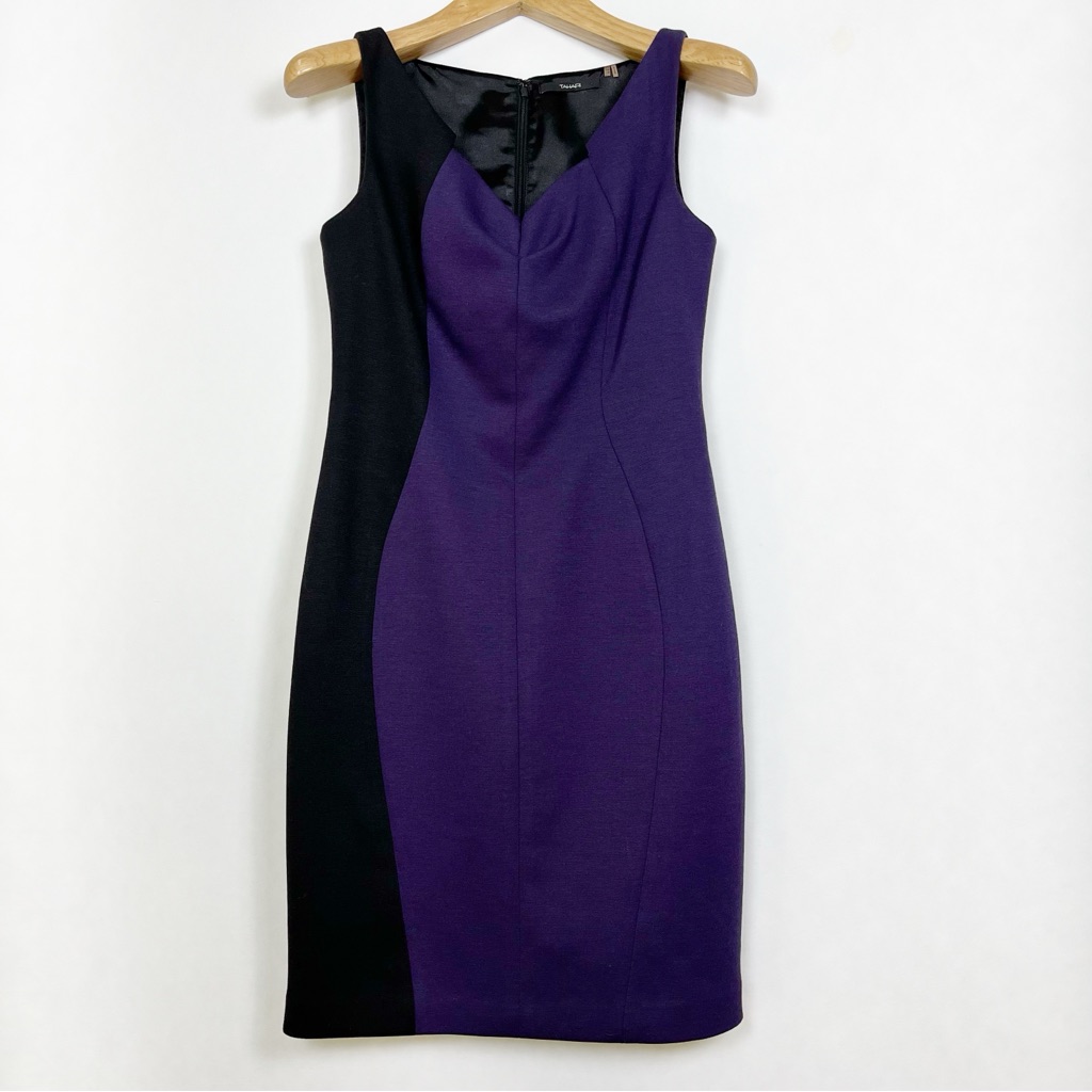 Vintage Tahari Kalona Black And Purple Sheath Sleeveless Dress Size 8